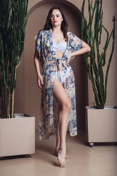 Beautiful Young Woman Stylish Dress Posing Studio — 스톡 사진