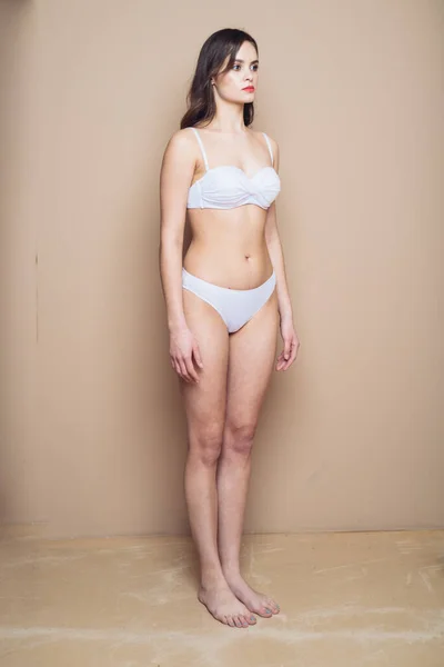 Beautiful Young Woman Underwear Posing White Background — Φωτογραφία Αρχείου