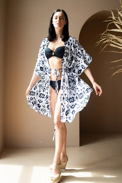 Beautiful Young Woman White Dress Posing Studio — Stock Photo, Image