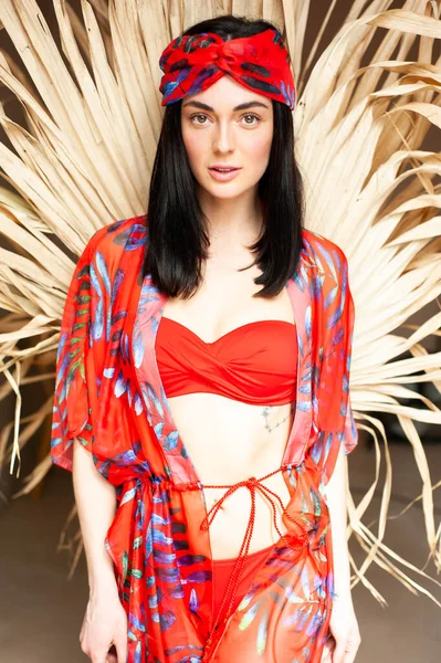 Beautiful Young Woman Red Dress Straw Hat Beach — 图库照片