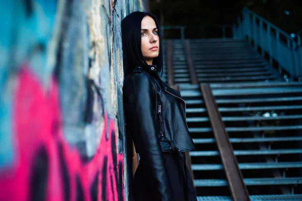 Young Beautiful Woman Black Jacket Coat Walks City — Stock Photo, Image