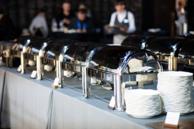 Temiz ve düzenli bir büfe ortamında hazırlanmış paslanmaz çelik mutfak ekipmanları servis istasyonları, tabaklar ve yiyecek ısıtıcılarıyla profesyonel bir yemek servisi. Konukseverlik ve restoran hizmeti için ideal.