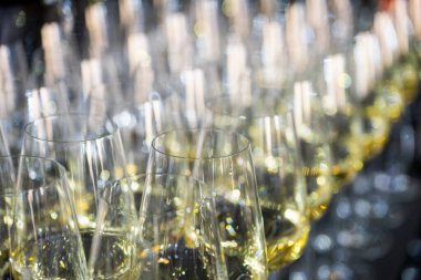 Lüks bir ortamda birçok şampanya kadehi. Tarz sahibi, koyu renkli bir fotoğraf. Yüksek sosyete resepsiyonu, yeni yıl kutlaması, düğün