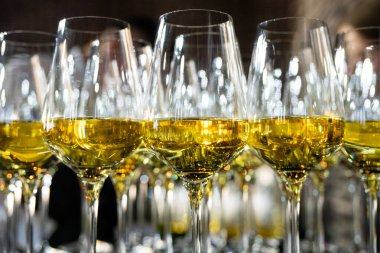 Lüks bir ortamda birçok şampanya kadehi. Tarz sahibi, koyu renkli bir fotoğraf. Yüksek sosyete resepsiyonu, yeni yıl kutlaması, düğün