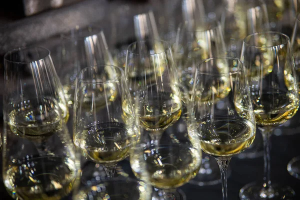 Lüks bir ortamda birçok şampanya kadehi. Tarz sahibi, koyu renkli bir fotoğraf. Yüksek sosyete resepsiyonu, yeni yıl kutlaması, düğün