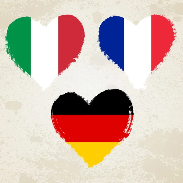 Alemania, Francia, Italia banderas grunge en los corazones — Vector de stock