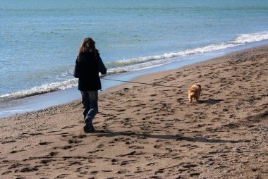 Sahilde tasmalı kadın ve köpek kumsalda yürüyorlar, arkada deniz var.