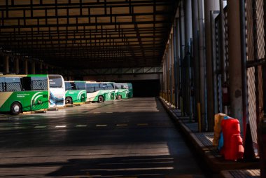 Sevilla, İspanya. Eylül 2020. Armas Meydanı otobüs durağına park edilmiş Endülüs toplu taşıma otobüsleri