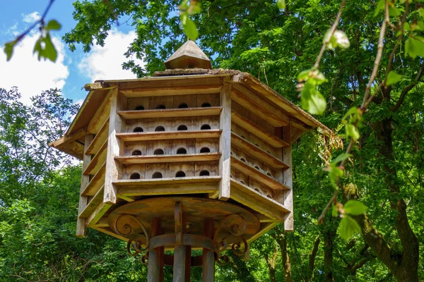 Große Sechseckige Vogelhaus Schutz Holz Nest Einem Wald Bäume Und — Stockfoto