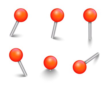 Gerçekçi kırmızı raptiyeler. Vektör 3d raptiye koleksiyonu, harita işaretleri, kağıt çıkartmaları için tahta raptiyeler, okul veya ofis kırtasiyesi tasarımınız için beyaz arka planda izole edildi. Vektör EPS10