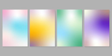 Bulanık arka planlar, modern soyut bulanık renk değişimleriyle ayarlanmış. Broşürler, posterler, afişler, el ilanları ve kartlar için şablon koleksiyonu. Açık renkli arka planlar. Vektör illüstrasyonu