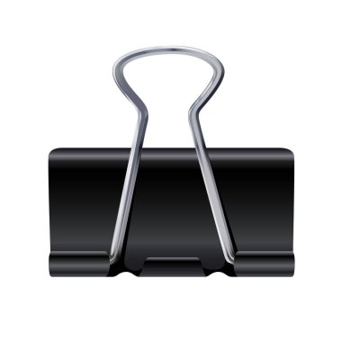 Gerçekçi ataç beyaz arkaplanda izole edilmiş. Ofis metali, siyah ataç, kağıt tutacağı. Grafiksel çizim çelik kırtasiyesi. Vektör 3d illüstrasyon EPS10