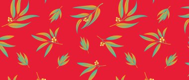 Okaliptüs dalları elle çizilmiş vektörsüz desen. Kırmızı arka planda yeşil yapraklar. Yaz tropik, sonsuz duvar kâğıdı. Ambalaj kağıdı, kapak, ambalaj, iç dekorasyon için modern tasarım. EPS10