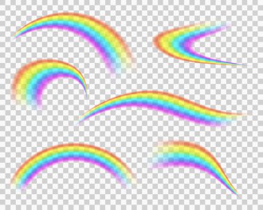 Gökkuşağı simgesi seti şeffaf arkaplanda izole edildi. Farklı renkler bulanık kavisli çizgiler. Parlak renkli gökkuşağı koleksiyonu. Yağmurdan sonraki iyi şansın fantezi sembolü. Vektör illüstrasyonu EPS10