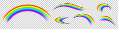 Gökkuşağı simgesi seti şeffaf arkaplanda izole edildi. Farklı renkler bulanık kavisli çizgiler. Parlak renkli gökkuşağı koleksiyonu. Yağmurdan sonraki iyi şansın fantezi sembolü. Vektör illüstrasyonu EPS10