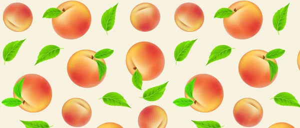 Peach Aprikot Atau Apel Vektor Pola Mulus Buah Dengan Daun - Stok Vektor