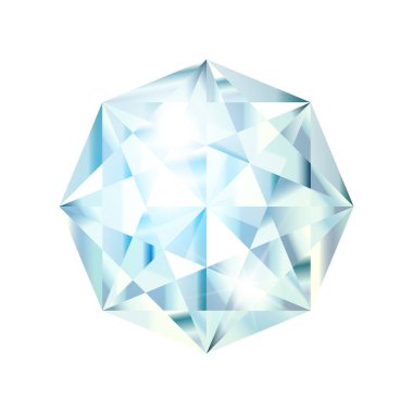 Beyaz arka planda izole edilmiş gerçekçi 3D elmas. Güzel bir mücevher ya da harika bir şey. Parlak cam taş. Oyun ikonu için mücevher. Gemstone veya kristal mücevher deposu logosu. Vektör illüstrasyonu EPS10