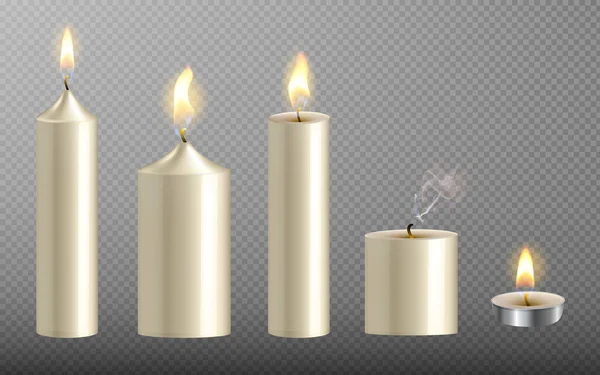 Collection Realistic White Candles Fire Isolated Transparent Background Different Shapes — Stock Vector