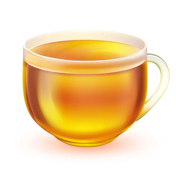 本物のティーカップベクトルイラスト 白を基調とした柄とお茶の透明ガラスカップ 淡褐色の水で緑茶または白茶 ベクターイラスト Eps10 — ストックベクタ