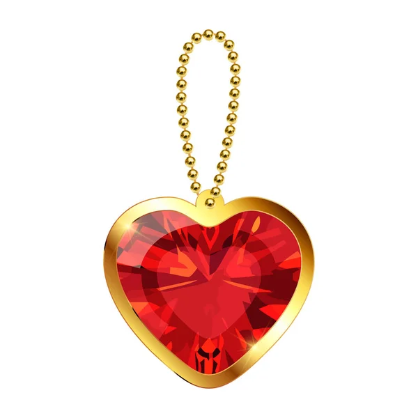 Beautiful Keychain Heart Pendant Gold Chain Red Ruby Gemstone Gold — Stock Vector