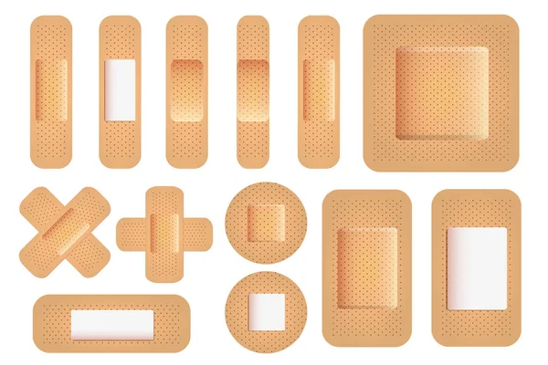 Different Shapes Medical Plasters Adhesive Strip Bandages Realistic Texture Health — Stock Vector