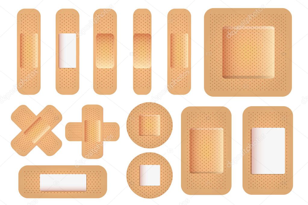 Different shapes medical plasters. Adhesive strip bandages with realistic texture for health care. Vector plaster set isolated on white background. Vector EPS10