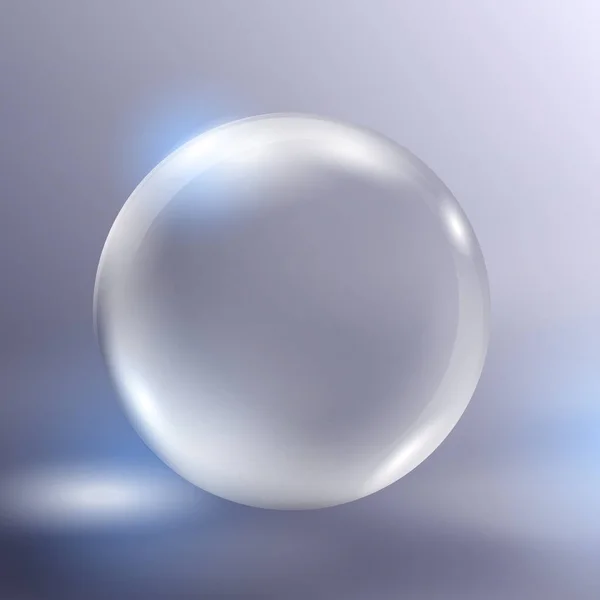 Gerçekçi cam küre, vektör illüstrasyonu EPS10. Gri soyut arka planda izole edilmiş mavi parıltılı büyük şeffaf 3D top. Işıklı güzel bir küre