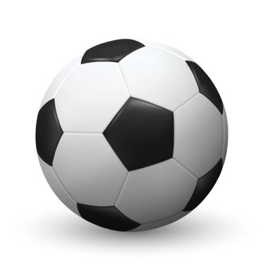 Gerçekçi futbol topu ya da beyaz arka planda gölgesi olan futbol topu. Spor ya da yaz oyunları için 3 boyutlu ekipman. Parlak deri yüzey yakın plan. Vektör illüstrasyonu EPS10