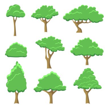 Vektör yeşil ağaçlar çizgi film düz tasarım elementlerini ayarladı