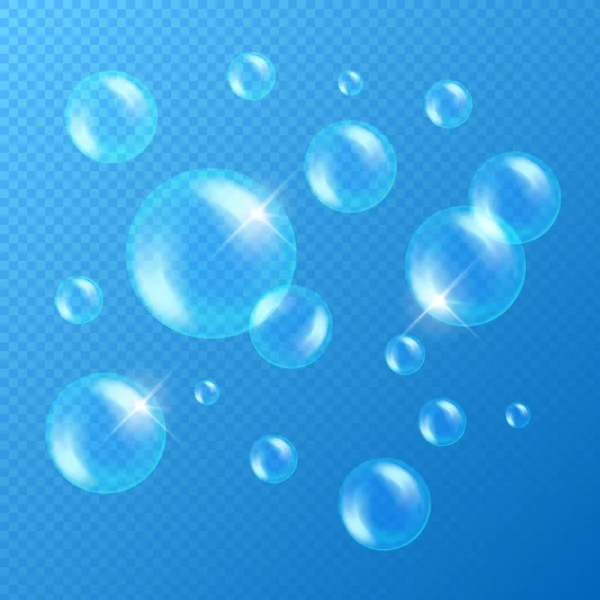 青を基調とした洗剤ポスター用のベクトルソープバブルセット 虹とグレアと現実的なシャボン玉コレクション — ストックベクタ