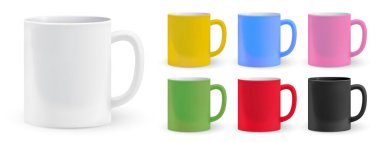 Realistic color cups for drinks, brand identity. Pottery ceramic mugs mockup set. Empty dishware template. Vector 3d isolated illustration