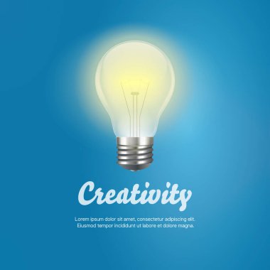 Mavi arka planda parlayan ampul. Gerçekçi ampul vektör çizimi. Yaratıcılık, ilham ve parlak fikirlerin sembolü