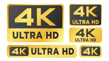 Altın 4K Ultra HD vektör simgesi ayarlandı. Altın yüksek çözünürlüklü video ve kalite etiketi. Vektör illüstrasyonu
