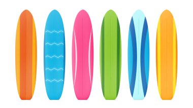 Renkli yaz sörf tahtası seti. Su sporları aktiviteleri için yaz sörfü tahtası. Tropikal seyahat, tatil, sahil ve okyanus macerasının sembolü. Vektör illüstrasyonu