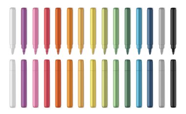 Eğitim, sanat, kırtasiye modelleri için renkli açık ve kapalı işaret kalemleri seti. Vektör illüstrasyonu