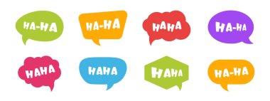 Sohbet için Haha metni, sosyal medya tepkisi, çıkartma, mesaj için Haha ile çizgi roman balonu simgesi ayarlandı