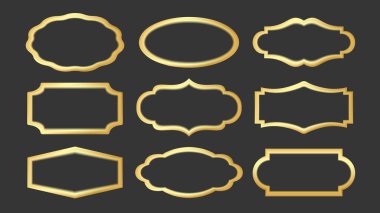 Koyu arkaplanda altın çerçeve ve etiket. Davetiye ve tebrik kartları için klasik ve klasik amblemler. Dekoratif tasarım ögeleri