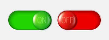 Modern UI tasarım durumlarında gerçekçi 3D yeşil ON ve kırmızı kapatma düğmelerini aç / kapat