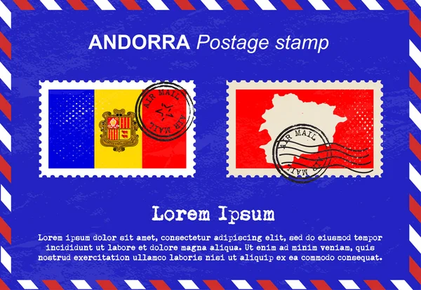 Andorra Briefmarke, Briefmarke, Vintage-Briefmarke, Luftpost-Umschlag. — Stockvektor