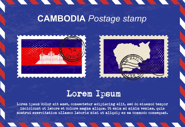 Cambogia francobollo, francobollo vintage, busta posta aerea . — Vettoriale Stock