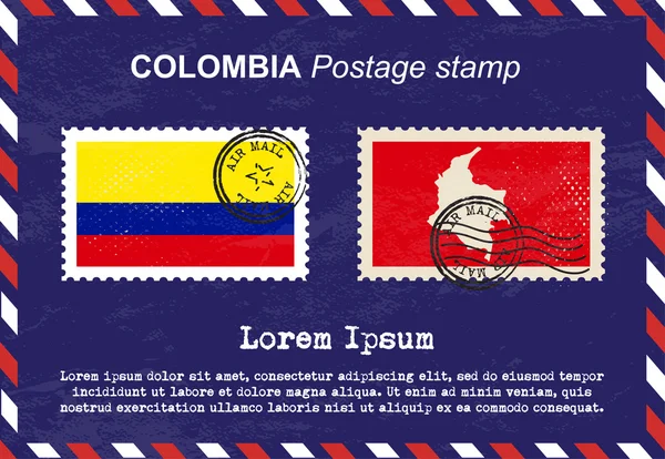 Timbre-poste Colombie, timbre vintage, enveloppe postale aérienne . — Image vectorielle