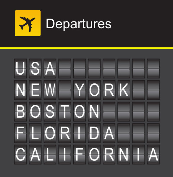 USA flip alphabet airport departures, USA, New York, Boston, Florida, California
