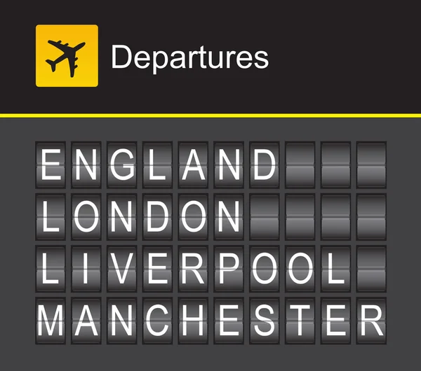 England flip alphabet flughafen abflüge, england, london, liverpool, manchester — Stockvektor