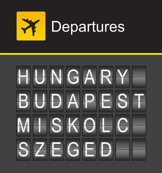 Macaristan flip alfabe Havaalanı gidiş, Macaristan, Budapeşte, Miskolc, Szeged — Stok Vektör