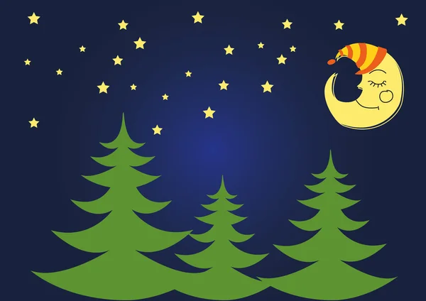 Moon and star at night, Christmas night tree and moon — Stock Vector