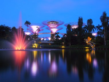 Marina Bay, Singapur, 30 Mayıs 2015: büyük ağaç ışık gösterisi Bahçe tarafından Bay, Singapur çeşme ile gece zaman