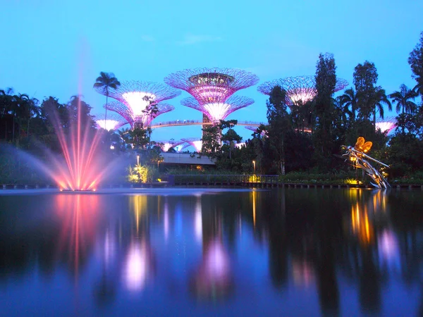 Marina Bay, Singapore, 30 maj 2015: stora trädet ljusshow nattetid med fontänen i trädgården By The Bay, Singapore — Stockfoto