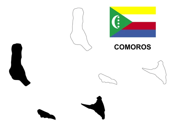 Vector mapa de Comoras, vector bandera de Comoras, Comoras aisladas — Archivo Imágenes Vectoriales