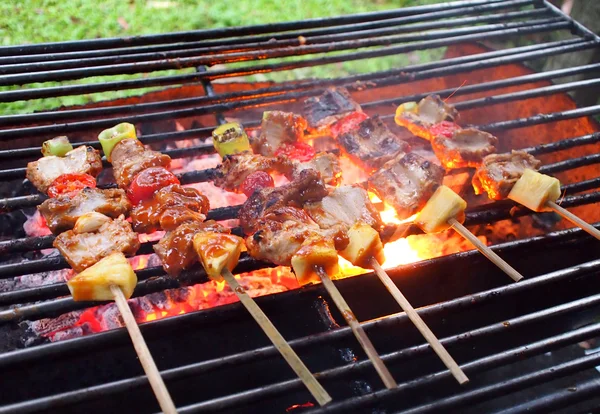 Nära håll bbq på en grillning, grillning, Bbq med kol grill av fläsk grillspett med tomater, lök och paprika. — Stockfoto