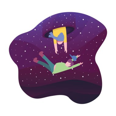 Geceleri gökyüzündeki bir portaldan düşen bir insan tasviri. Bir arkadaş düşen bir arkadaşını yakalamak istiyor.